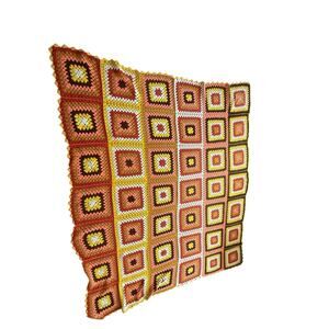 VTG Crochet Granny Square Afghan Blanket Throw Brown tan‎ coral yellow 110x74